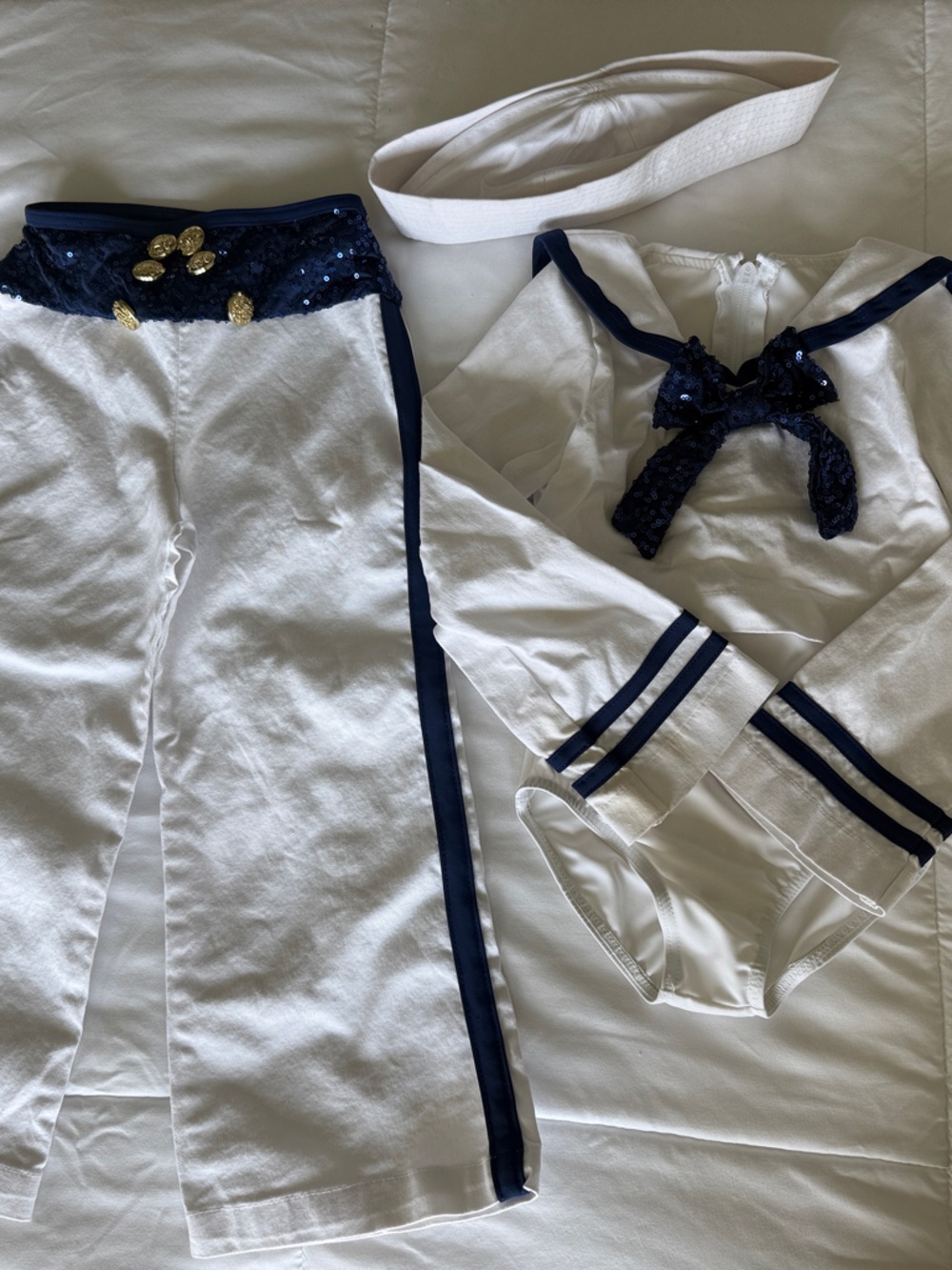 Weissman Girls White and Navy Sailor Set with Sequin Trim and hat